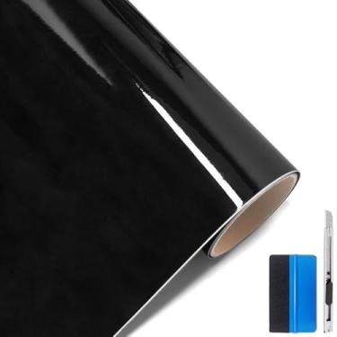 Imagem de LZLRUN Bolha de liberação de ar autoadesivo de vinil preto de alto brilho - Classificação externa para uso automotivo - Faca de 30,48 x 152,40 cm + Ferramenta de mão (1 m x 1,83 m)