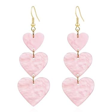 Imagem de QUSIJIA Brincos pendentes de coração de acrílico para mulheres, exclusivos, leves, geométricos, três brincos de coração rosa, presentes, trumpet, Acrílico, Sem pedra preciosa