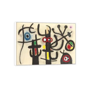 Imagem de MUHJDYC Joan Miró Imagem de arte de parede em tela - reprodução de obras de arte famosas abstratas - pinturas com moldura branca para decoração de sala de estar (personagens e pássaros) 30 x 40 cm -