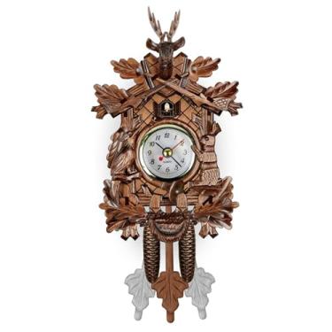 Imagem de Relógios de cuco para parede, relógio de pêndulo de madeira, relógio de pássaro vintage com botão ajustável, relógio de cuco suspenso operado por bateria, pêndulo para decoração de sala de estar