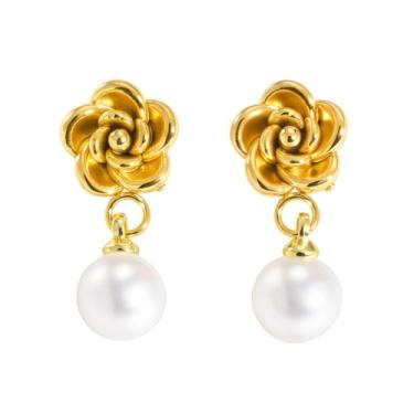 Imagem de Brincos femininos elegantes banhados a ouro 14 k em aço inoxidável floral com pérolas falsas, brincos pendentes para festas de formatura, acessórios de bijuteria, Small, Aço inoxidável, Sem pedra
