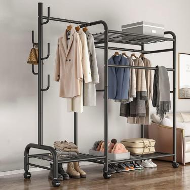 Imagem de Cabide Independente Sobre Rodas, Árvore De Hall 3 Em 1 Com Sapateira, Cabideiro De Entrada Com 3 Prateleiras E Ganchos, Cabideiro Resistente Com Estrutura De Metal Resistente, A, 150x37x165cm