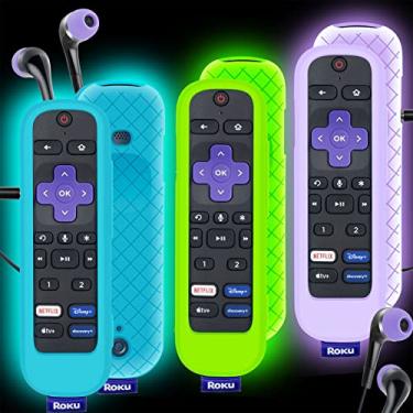 Imagem de Pacote com 3 capas para Roku Voice Remote Pro, capa para fone de ouvido Roku, controle recarregável, capa de silicone que brilha no escuro