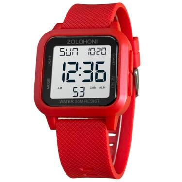 Imagem de zolohoni Relógio digital masculino quadrado com mostrador de números grandes, à prova d'água, LED, Vermelho e branco
