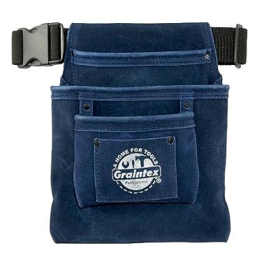 Imagem de Graintex SS2586 :: 3 bolsos para unhas e ferramentas de couro de camurça azul marinho com cinto de 5 cm para construtores, eletricistas, encanadores, faz-tudo