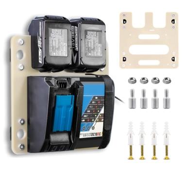 Imagem de FETESNICE Suporte de parede para carregador Makita, materiais sintéticos retardadores de chamas, suporte estável de 2 baterias e suporte de carregador, suporte de parede ideal para suporte de bateria
