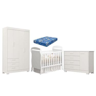 Imagem de Quarto de Bebê Zaki e Berço Americano Danny Branco Acetinado com Colchão Ortobom - Reller