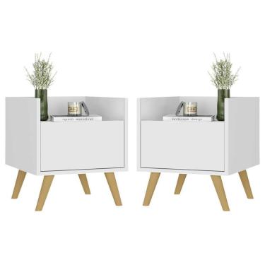 Imagem de Kit Com 2 Mesas De Cabeceira 40 Cm Com Pés Retrô Multimóveis Mp4044 Branca/Natural