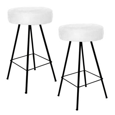 Imagem de Kit 02 Banqueta Alta Laisa Industrial Redonda Ferro Preto Suede Branco - Amey Decor