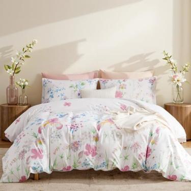 Imagem de Erwinmu Conjunto de edredom floral, tamanho solteiro, 2 peças, lilás, branco, floral, estampa reversível, cama de solteiro em bolsa com flores, edredom e 1 fronha