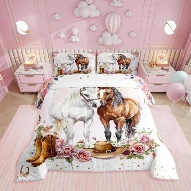 Imagem de Erosebridal Jogo de cama solteiro com cavalo ocidental, chapéu de vaqueira, para meninas, crianças, adolescentes, edredom de ferradura do oeste, decoração de quarto floral rústico, 1 fronha respirável