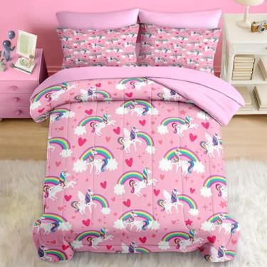 Imagem de Pamnest Jogo de cama solteiro, solteiro, coração fofo, unicórnio, 5 peças, amor, cavalo feliz, rosa, lençol com elástico, fronha e fronha para decoração de quarto