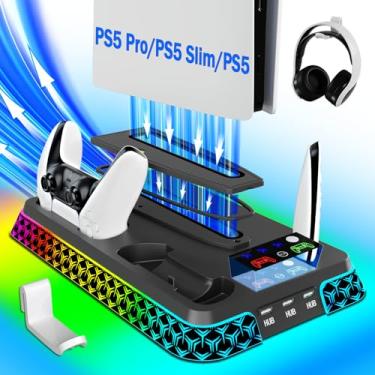 Imagem de LHFDIAN PS5/Slim/Pro Stand and Cooling Station with LED Controller Charging Station for PlayStation 5 Console,Accessories Incl.Controller Charger,PS5 Cooling Fan,Headset Holder,3 USB Hubs(Upgraded)