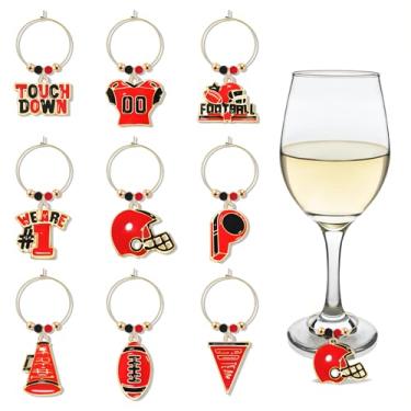 Imagem de FAERLIIRY Conjunto de 9 pingentes de taça de vinho de futebol americano, conjunto de 9 pingentes de vinho para dia de jogo, marcadores de copos de vapor, marcadores de identificadores de bebidas para