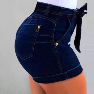 Imagem de Short jeans feminino levanta bumbum cintura alta na cor azul escuro no