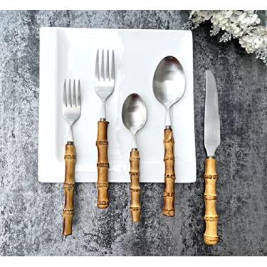 Imagem de Pretihome Talheres Com Cabo De Material Natural, Conjunto 5 Peças, Aço Inoxidável 18/10, Grau Segurança Alimentar, Para Comer (Conjunto Peças Bambu Natural)