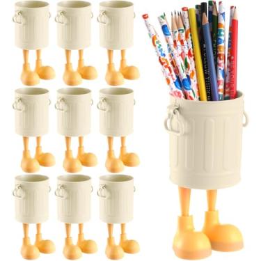 Imagem de Sherr Pacote com 9 porta-canetas coloridas com pé, mini organizador de lápis de mesa com alça de mesa, pequenos baldes para escritório, escola, sala de aula, acessório (branco)