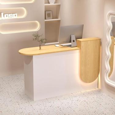 Imagem de Balcão De Recepção Com Luzes Led E Gaveta Trancável Balcão De Varejo Recepção Recepção Sala De Recepção Mesa Para Checkout Escritório Salão De B, White (Left High), 47.2"x19.7"x33.5"
