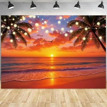 Imagem de Msocio 2,1 x 1,5 m Poliéster Pôr do Sol Praia Pano de Fundo Havaiano Tropical Palmeira Mar Mew Aloha Luau Decoração de Festa Fundo Fotográfico para Chá de Bebê, Happy Birthday Party Photo Studio