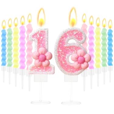 Imagem de Vela de aniversário número 16 com glitter rosa com design de flor rosa para bolo, 10 velas espirais para topo de bolo de 16 anos, decoração de festa temática doce de 16 anos