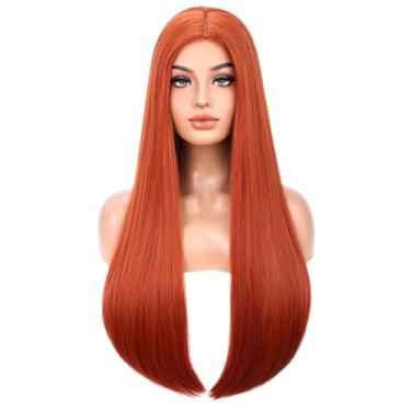 Imagem de BERON Perucas Femininas Laranja Escuro, Cabelo Longo E Liso, Ruivo, Parte Do Meio, Sintéticas Resistentes Ao Calor, Ruivas, Para Cosplay, Festa À Fantasia Ou Uso Diário