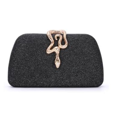 Imagem de GOKTOW Bolsa clutch rígida com glitter - Bolsa noturna com detalhes em serpente dourada para mulheres, casamentos formais, festas de formatura, Preto, Small