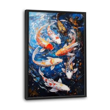 Imagem de Lovira Koi Fish Arte de parede grande tradicional chinesa Feng Shui em tela decoração de parede pinturas pinturas emolduradas casa arte vertical para sala de estar quarto banheiro cozinha 61 cm x 91