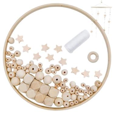 Imagem de Móbile para berço, conjunto de móveis de berço de madeira DIY com anel de bambu, contas e fio de algodão para presentes de decoração de berçário.