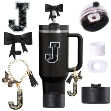 Imagem de Conjunto de 6 peças de acessórios para copos Stanley Pretos, Topper de canudo com laço para Stanley Cup 850 g 1,134 g, incluindo cobertura de palha e bota de silicone com laço, tampas à prova de