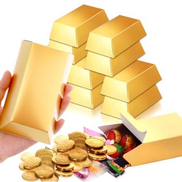 Imagem de CIATBYYJ Caixa de presente falsa de barra de ouro, caixas de presente de ouro de folha simulada, caixas de lembrancinhas douradas de papel para doces, Halloween, Natal, 14 x 8 cm