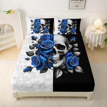 Imagem de QOOMO Jogo de lençol Queen infantil com estampa de rosas azuis, esqueleto, bolso profundo, 4 peças, 1 lençol com elástico, 1 lençol de cima e 2 fronhas para meninos e meninas adolescentes