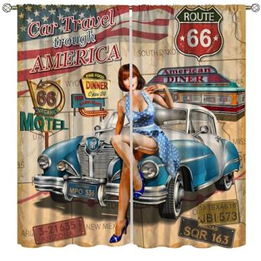 Imagem de AAVEUP Cortinas de carro vintage para quarto de meninos e homens, tema de carro clássico americano vintage lanchonete motocicleta rota 66 tratamentos de janela impressão para quarto de adolescente