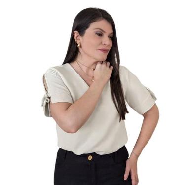 Imagem de Camisa Social Feminina Blusa Manga Curta Amarração Decote V Alfaiatari