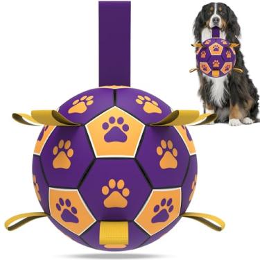 Imagem de QDAN Bola de futebol extra grande para cães – Bolas duráveis para cães extragrandes com alça, brinquedo interativo para puxar para cães com alça para cabo de guerra (22 cm)