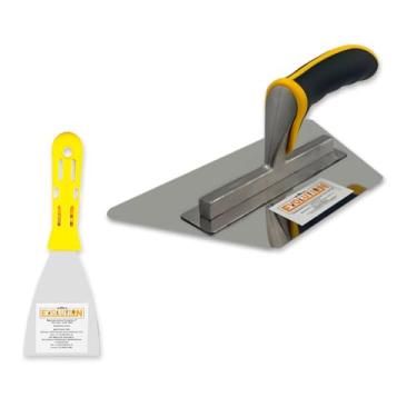 Imagem de Espátula 7.62cm + Desempenadeira Trapézio 23,5X13CM Flexível Evolution Cimento Queimado Massa Corrida Acabamento Profissional Kit