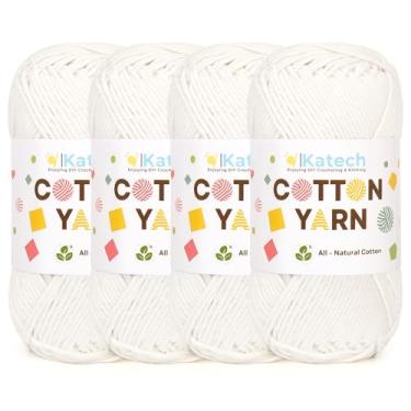 Imagem de Katech 1OO% fio de algodão para crochê e tricô - 4 pacotes de 100 g - 4 fios de crochê de algodão médio (penteado) macio e respirável - ideal para panos de prato, roupas de bebê, pegadores de panela e