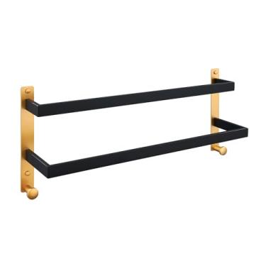 Imagem de Chiunikoo Toalheiro duplo de 61 cm com ganchos preto e dourado, suporte de toalha de parede para cozinha e banheiro, toalheiro de aço inoxidável