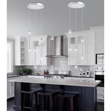 Imagem de dolria Lustre de cristal moderno de 3 luzes pendentes para ilha de cozinha luminárias LED reguláveis teto suspenso ajustável para sala de jantar corredor 3000K 6000K