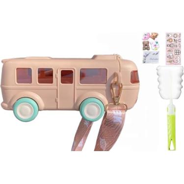 Imagem de viva story Garrafa de viagem aeronáutica com trem de palha copo para beber gelo leite café desenho animado ônibus copo de plástico para piquenique festa presente de aniversário (ônibus rosa, 500 ml)