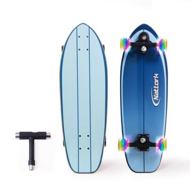 Imagem de Nattork Skates completos 73,7 cm x 22,9 cm infantil unissex juvenil skate cruiser skate para iniciantes skate de meninas côncavas com madeira de bordo (listras azuis)