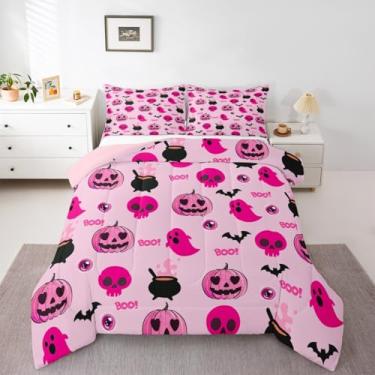 Imagem de jejeloiu Conjunto de edredom para todas as estações, decoração de feliz Dia das Bruxas, com 2 fronhas, abóboras, microfibra, roupa de cama casal, morcego, decoração de quarto, edredom respirável