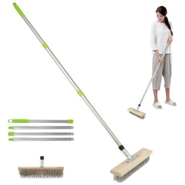 Imagem de Escova de esfregar, escova de arame de aço inoxidável com cabo de 152 cm de comprimento, escova de piso de cerdas rígidas, escova de piso multifuncional, escova de piso de inclinação de 45° para