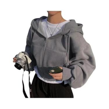 Imagem de Moletom Feminino Coreano Com Forro De Fleece, Manga Longa, Zíper, Crop