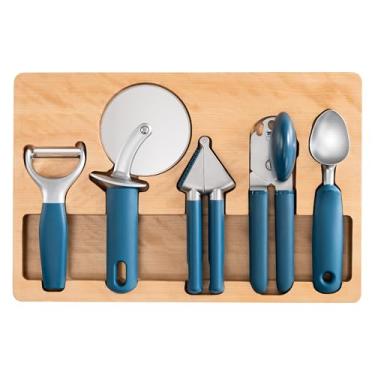 Imagem de OOU Conjunto de utensílios de cozinha, 5 peças de utensílios de cozinha premium de liga de zinco com alças ergonômicas de TPE – Inclui abridor de lata, cortador de pizza, espremedor de alho, colher de