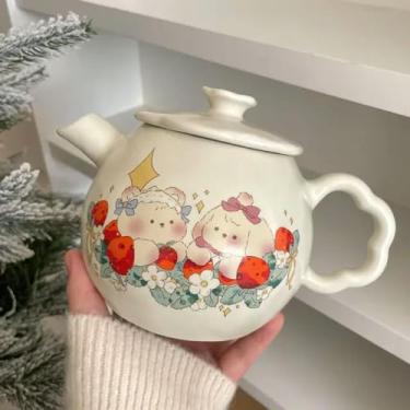 Imagem de Conjunto de bule de chá (1 pote 4 xícaras) bonito louça de cerâmica pote de água pote de água fria pote de café de desenho animado bule de chá