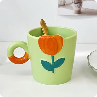 Imagem de Canecas de café de flores 3D com colher de cerejeira cerâmica bonito reutilizável copos de viagem chá água leite original caneca de café da manhã presente