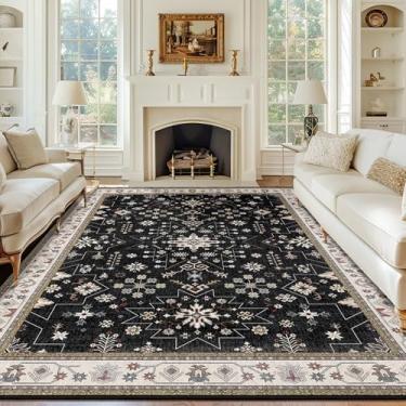 Imagem de MUJOO Tapetes pretos laváveis de 20 x 25 cm para sala de estar, quarto, sala de jantar, tapete grande, antiderrapante, piso interno, grande, vintage, pilha baixa