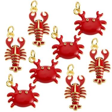 Imagem de AHANDMAKER 8 peças de pingentes de animais marinhos de latão banhado a ouro 18K, pingente de caranguejo lagosta esmalte vermelho com anel de salto, pingente de tema marinho para fazer joias, colares