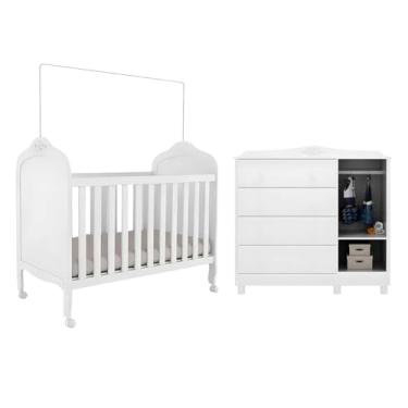 Imagem de Kit Berço e Cômoda Peroba Elô, Branco, Quarto Infantil