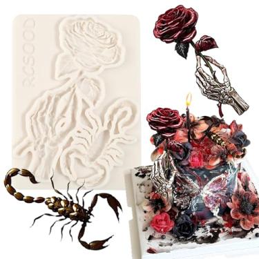 Imagem de ICNYEKl 1 molde de silicone de flor de rosa, molde de fondant de chocolate escorpião de Halloween para topos de cupcake, decoração de bolo, massa artesanal de açúcar doce, gesso de argila de resina